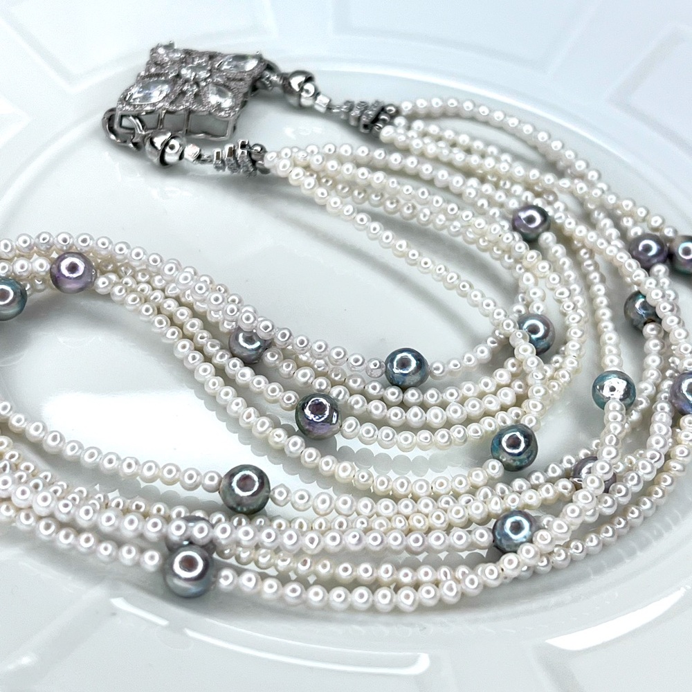 Handmade Akoya Sea Pearl Freshwater Baby Round Pearl 5 Strands Necklace Crystal
